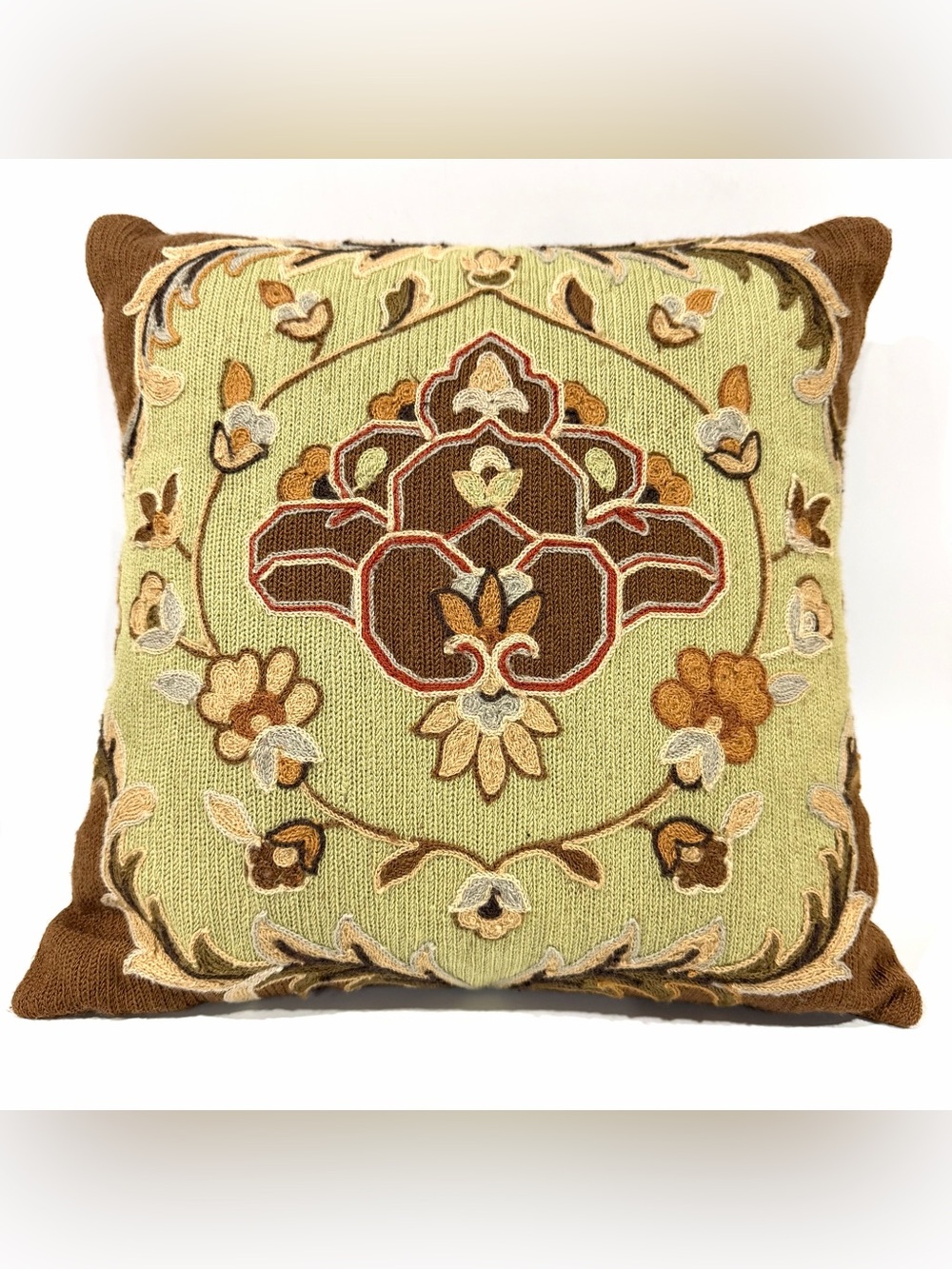 Vintage Embroidered Flowers Bohemian Cottagecore Olive Green Brown Accent Pillow